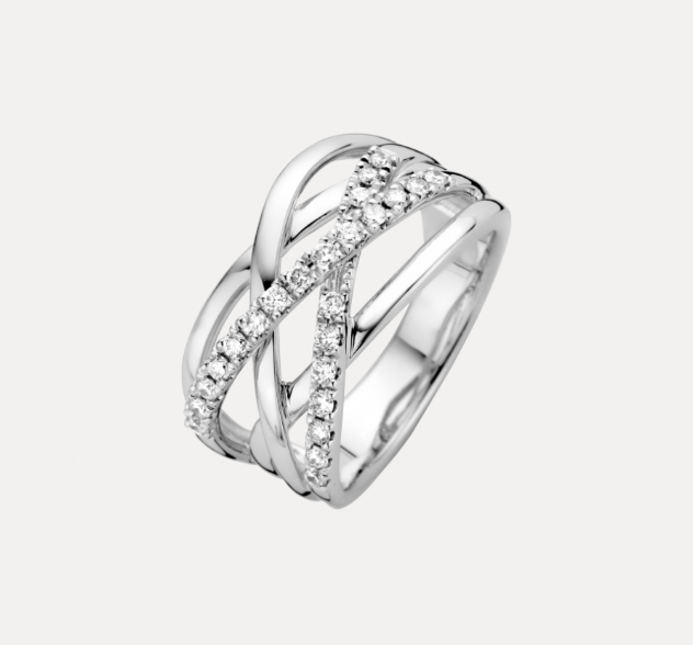 14 Karaat geel- met witgouden dames Crossover ring met briljant. Model Anza Premium. 0.45 crt briljant H/SI.